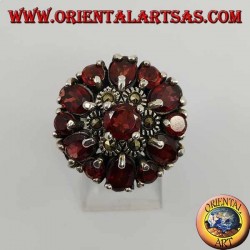 Silver double flower ring of marcasite and garnet with embossed round garnet