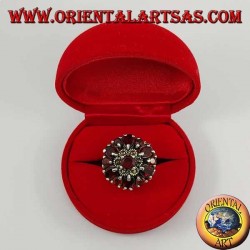 Silver double flower ring of marcasite and garnet with embossed round garnet