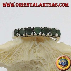 Band silver ring with a row of round emeralds set and marcasite