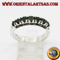 Band silver ring with a row of round emeralds set and marcasite