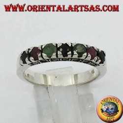 Band silver ring with a row of rubies, emeralds and round sapphires set and marcasite