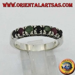 Band silver ring with a row of rubies, emeralds and round sapphires set and marcasite