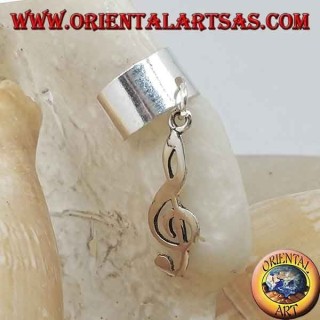 Orecchino Ear Cuff in argento, liscio con chiave di violino appesa