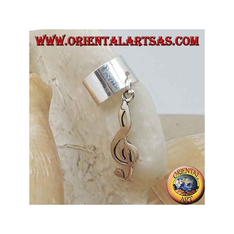 Orecchino Ear Cuff in argento, liscio con chiave di violino appesa