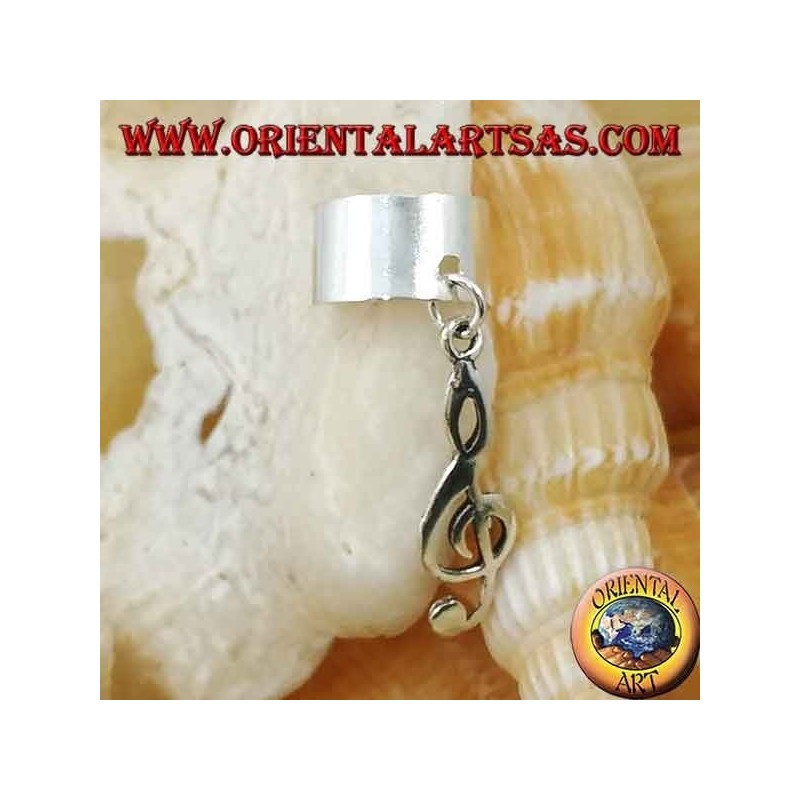 Orecchino Ear Cuff in argento, liscio con chiave di violino appesa
