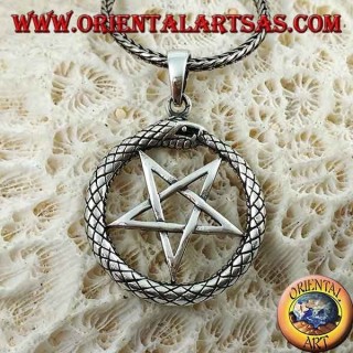 Ciondolo in argento, Ouroboros con pentacolo (punta verso il basso)
