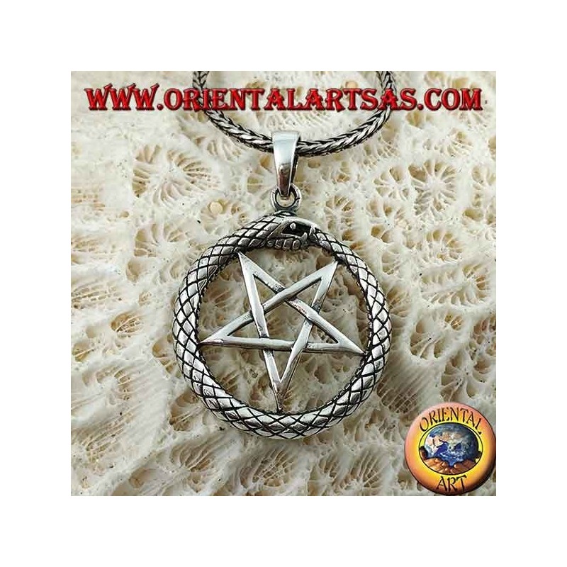Ciondolo in argento, Ouroboros con pentacolo (punta verso il basso)