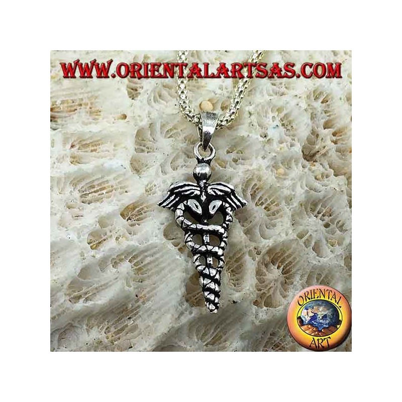 Silver caduceus pendant (winged rod with two coiled snakes), small