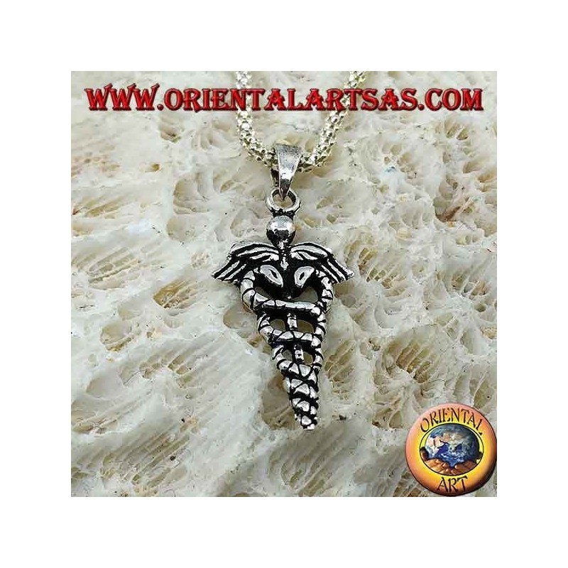 Silver caduceus pendant (winged rod with two coiled snakes), small