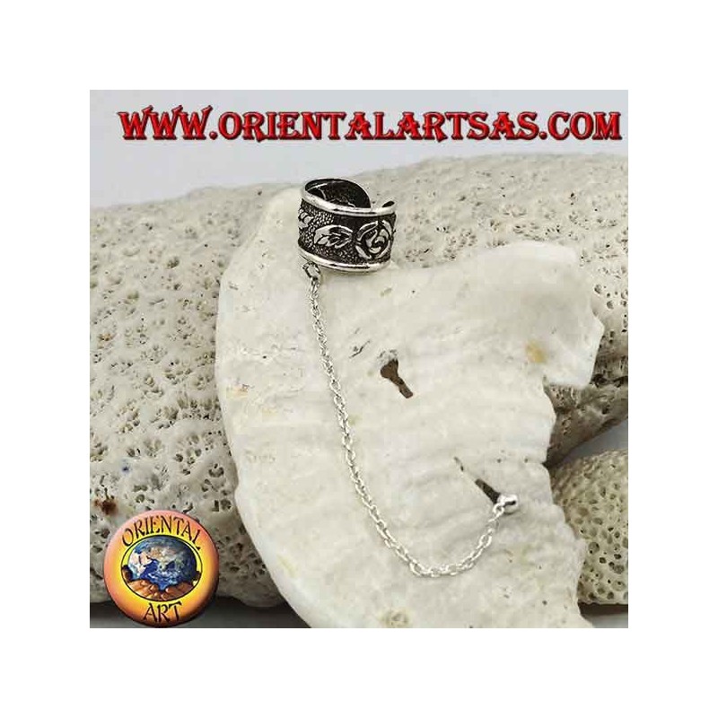 Silver ear cuff earring with chain, roses in high relief