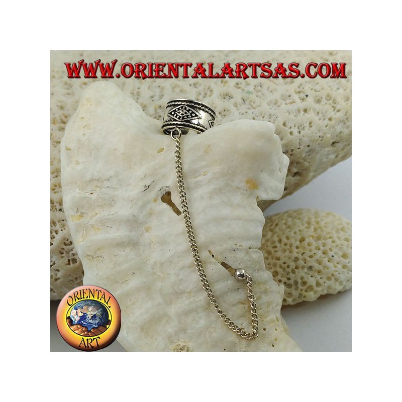 Ear Cuff silver earring with chain, rhombus in high relief