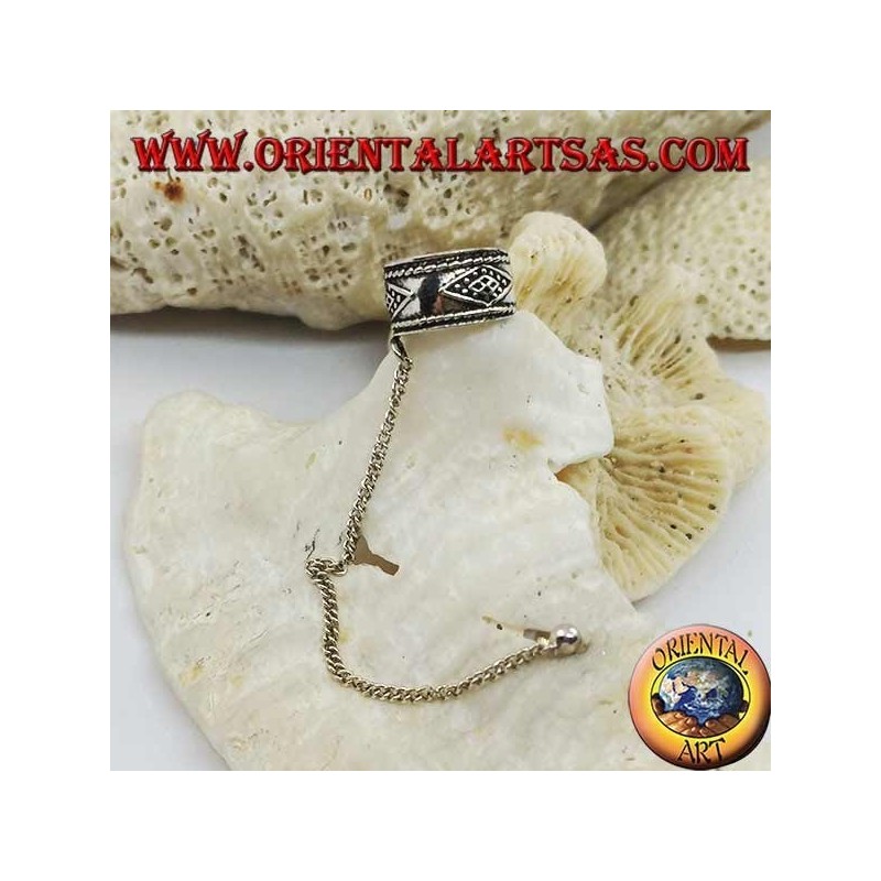 Ohrmanschette Silberohrring mit Kette, Raute im Hochrelief