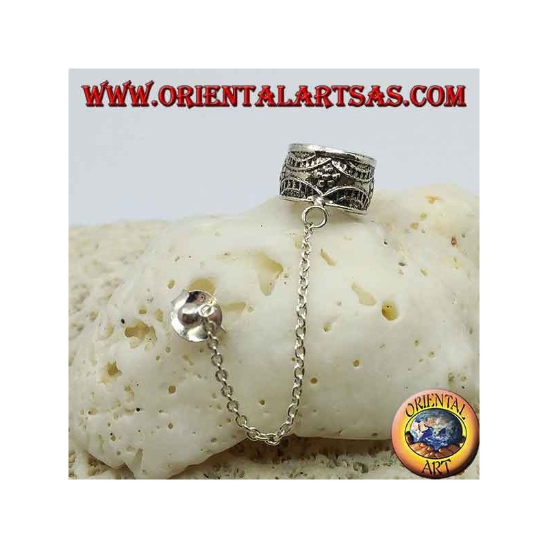 Silver ear cuff earring with chain, festoon with flowers in high relief