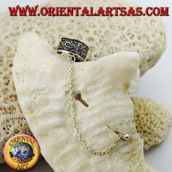 Silver ear cuff earring with chain, flowers in high relief