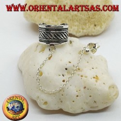 Silver ear cuff earring with chain, band with high relief stripes