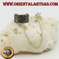 Silver ear cuff earring with chain, flower with high relief decorations
