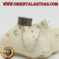 Silver ear cuff earring with chain, flower with high relief decorations