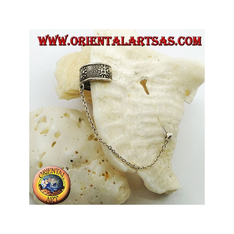 Boucle d'oreille en argent avec chaîne, soleil avec haut relief