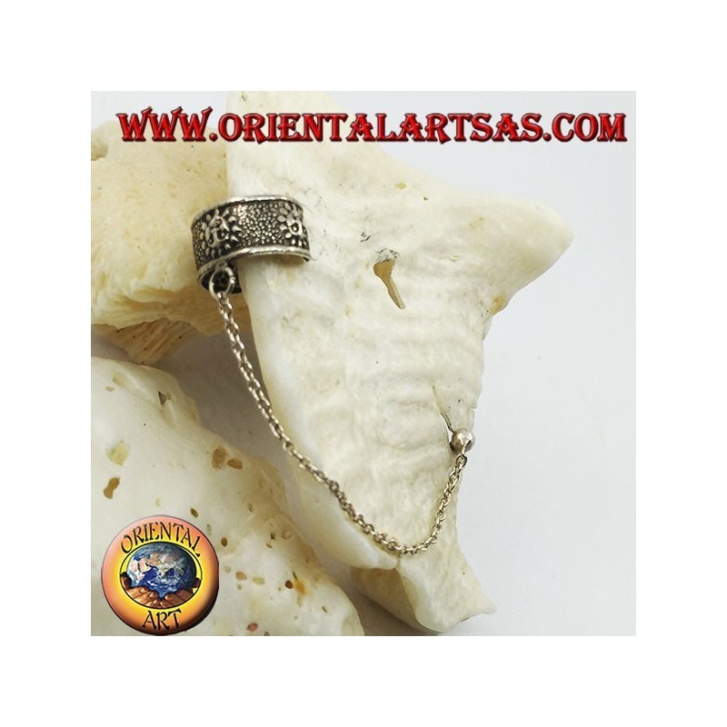 Boucle d'oreille en argent avec chaîne, soleil avec haut relief