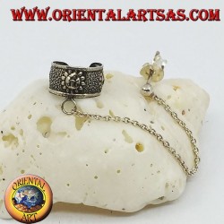 Silver ear cuff earring with chain, sun with high relief face