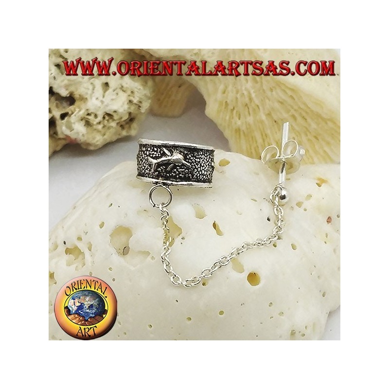 Silver ear cuff earring with chain, dolphins in high relief
