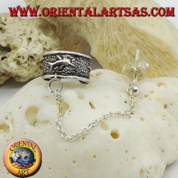 Silver ear cuff earring with chain, dolphins in high relief