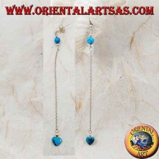 Silver butterfly earrings with chain, heart and 7 cm turquoise ball