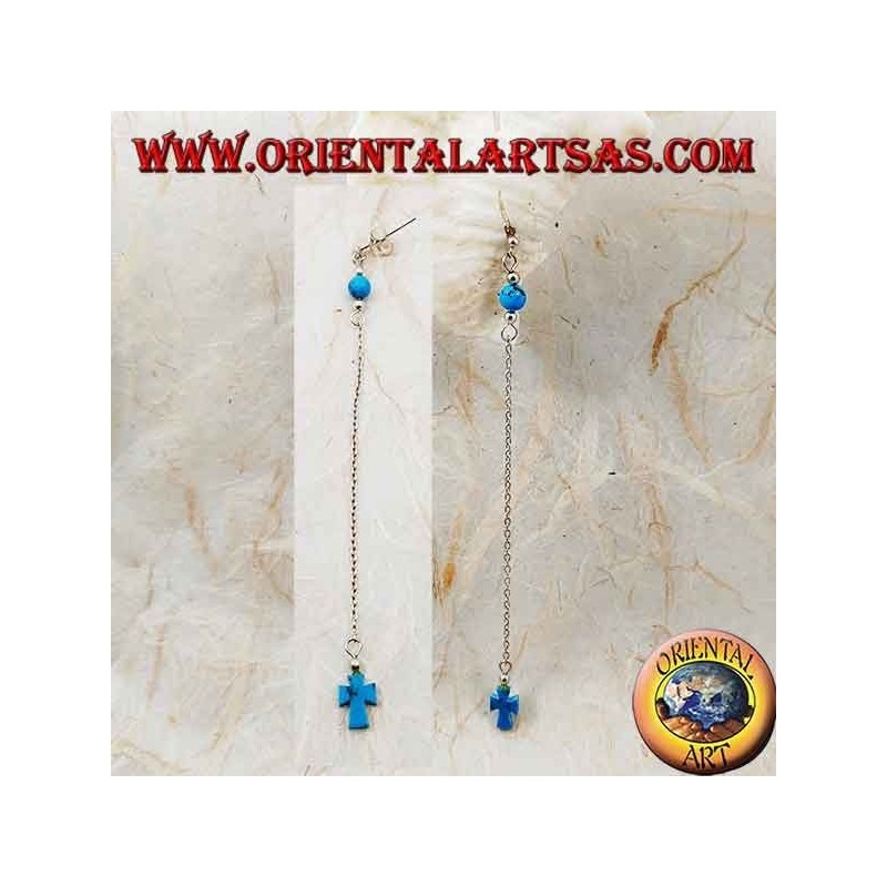 Silver butterfly earrings with chain, cross and 7 cm turquoise ball