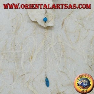 Pendientes mariposa de plata con cadena, pluma y bola turquesa de 7 cm.