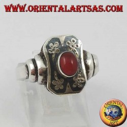 Silver flower paper ring with oval carnelian and niello decoration