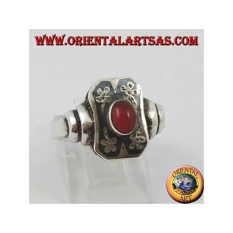Silver flower paper ring with oval carnelian and niello decoration