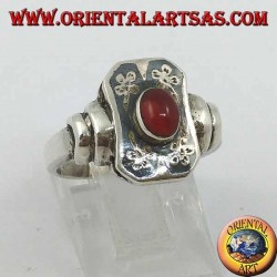 Silver flower paper ring with oval carnelian and niello decoration