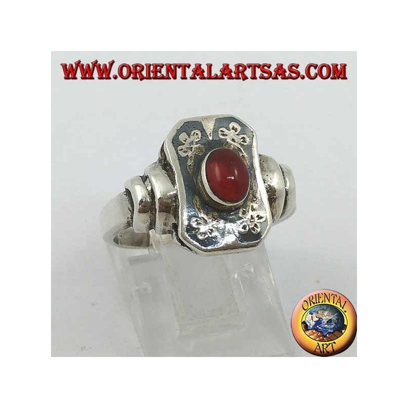 Bague en papier fleur en argent avec cornaline ovale et décoration niello