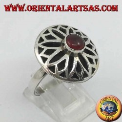 Round silver ring with overlapping flowers in high relief and round carnelian