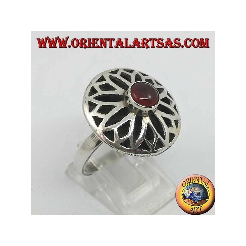 Round silver ring with overlapping flowers in high relief and round carnelian
