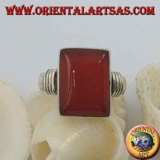Silver ring with rectangular carnelian and three lines on the sides