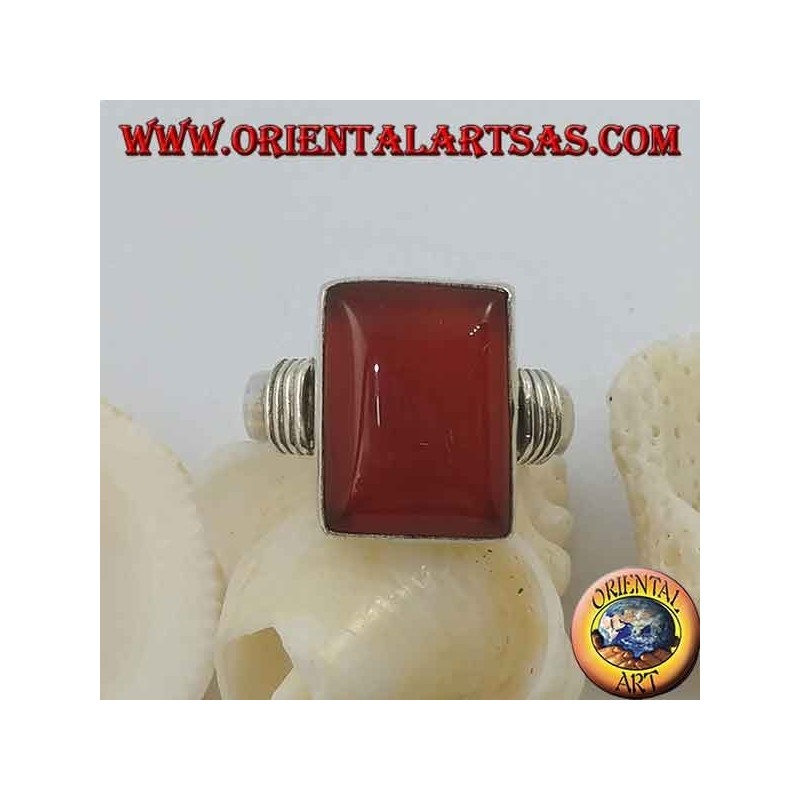 Silver ring with rectangular carnelian and three lines on the sides