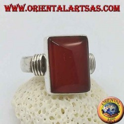 Silver ring with rectangular carnelian and three lines on the sides