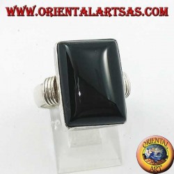 Silver ring with rectangular onyx and three rows on the sides