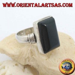 Silver ring with rectangular onyx and three rows on the sides