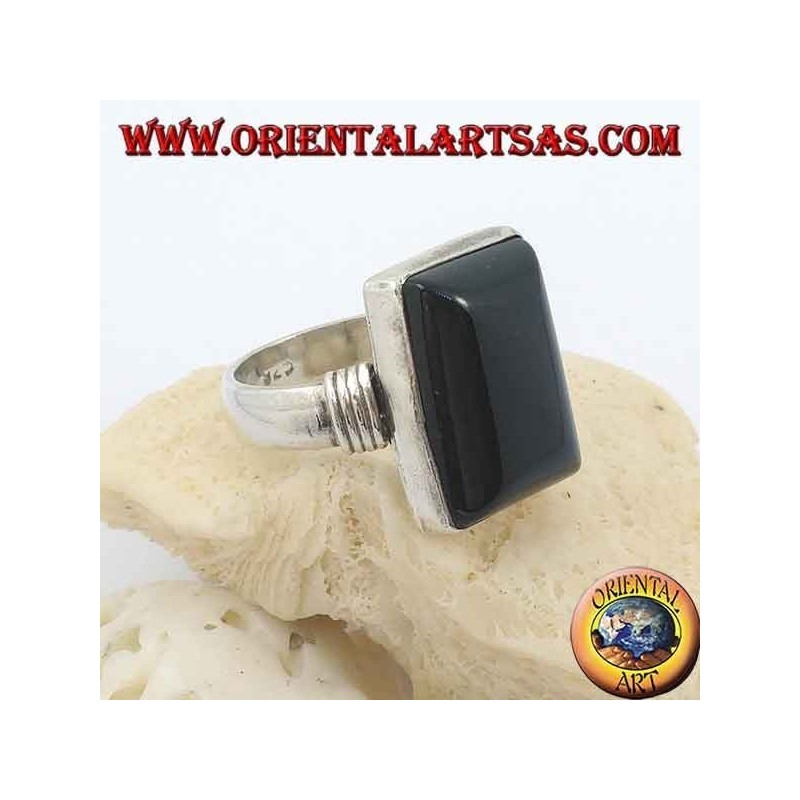 Silver ring with rectangular onyx and three rows on the sides