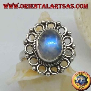 Bague en argent avec pierre de lune arc-en-ciel ovale et bordure de serre-tête (16)