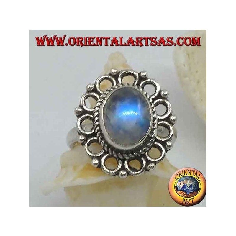 Anillo de plata con piedra de luna ovalada del arco iris y borde de diadema (16)