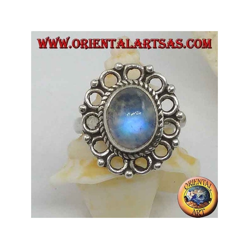Bague en argent avec pierre de lune arc-en-ciel ovale et bordure de serre-tête (16)