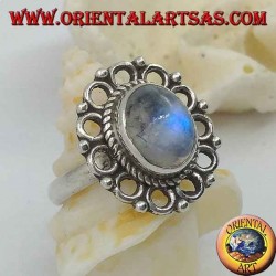 Anillo de plata con piedra de luna ovalada del arco iris y borde de diadema (16)