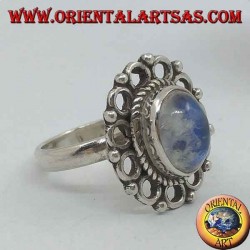 Anillo de plata con piedra de luna ovalada del arco iris y borde de diadema (16)