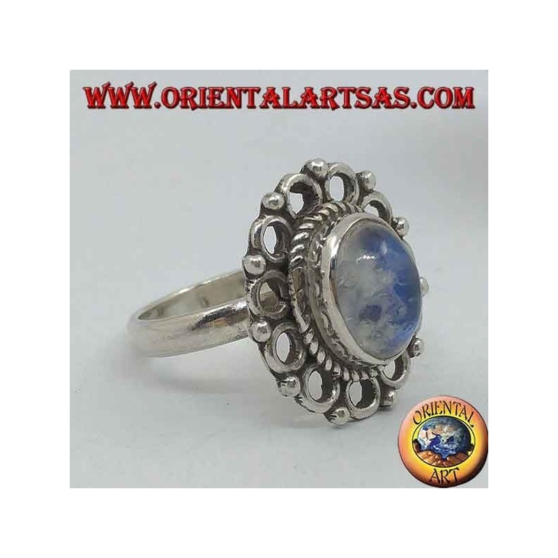 Anillo de plata con piedra de luna ovalada del arco iris y borde de diadema (16)