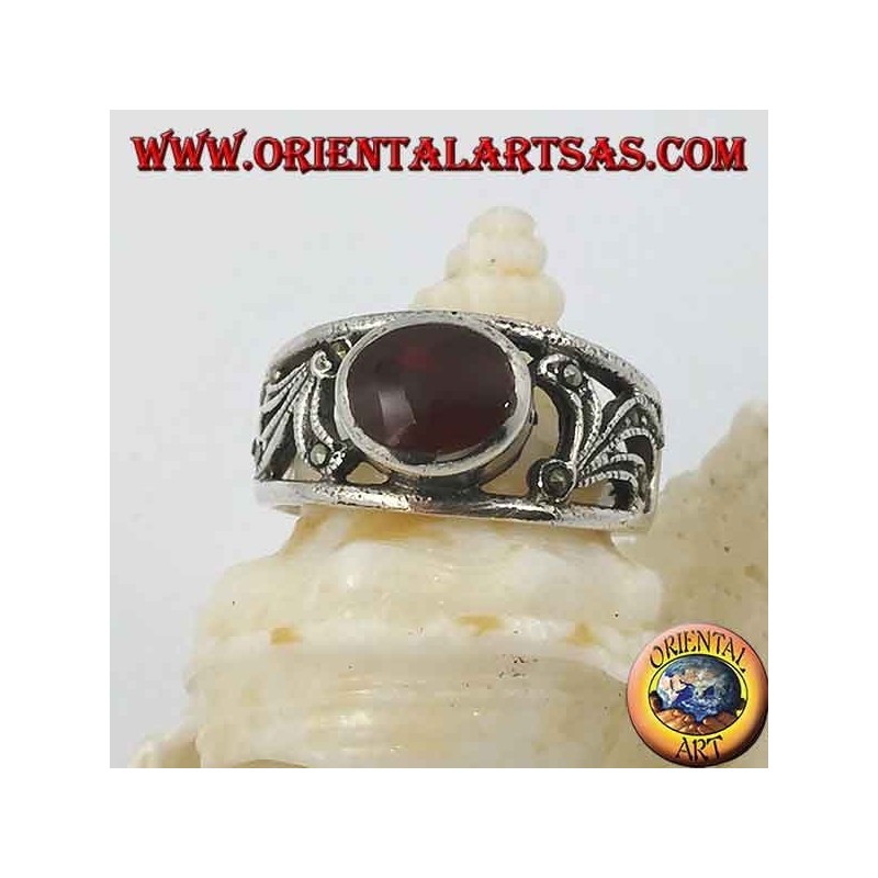 Silver ring with horizontal oval carnelian and floral decoration perforated with marcasite