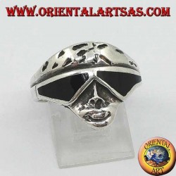 Silver ring in the shape of a biker face with sunglasses with onyx lenses