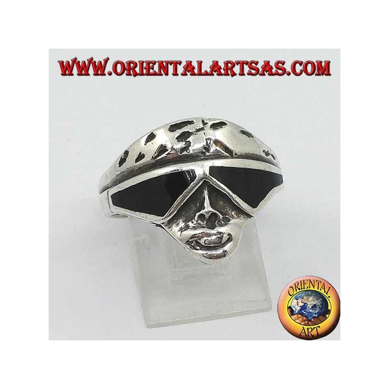 Silver ring in the shape of a biker face with sunglasses with onyx lenses